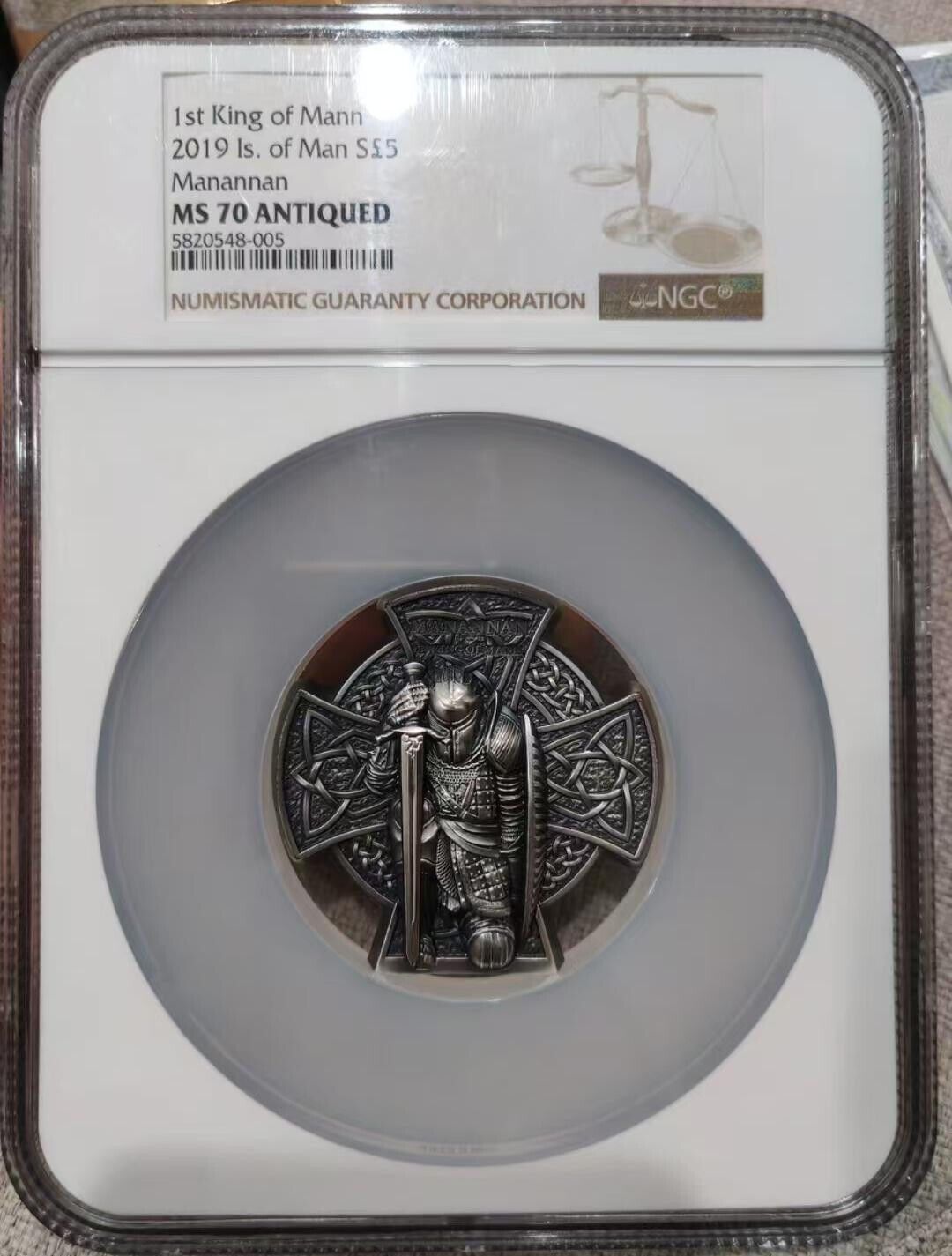 NGC MS70 Antiqued 2019 Man Isle 3oz Silver Coin - 1st King of Mann - Manannan