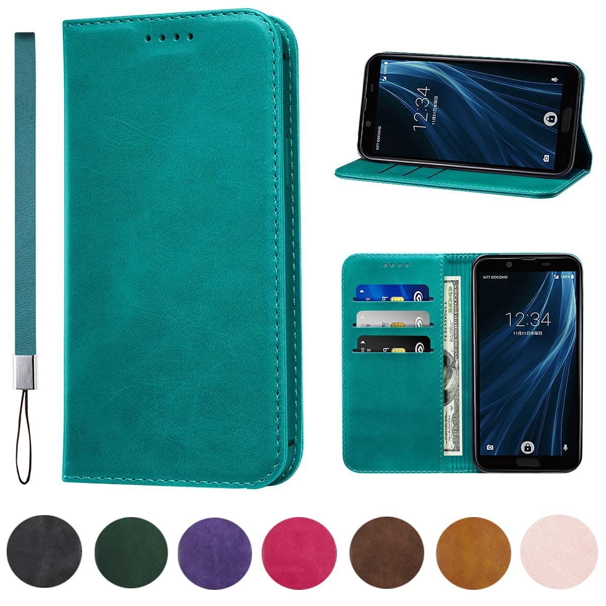 【新着商品】携帯ケース(ターコイズ) スプラット同梱 便利 スタンド機能 カードポケット おしゃれ スマホケース ベルトなし 内蔵マグネット