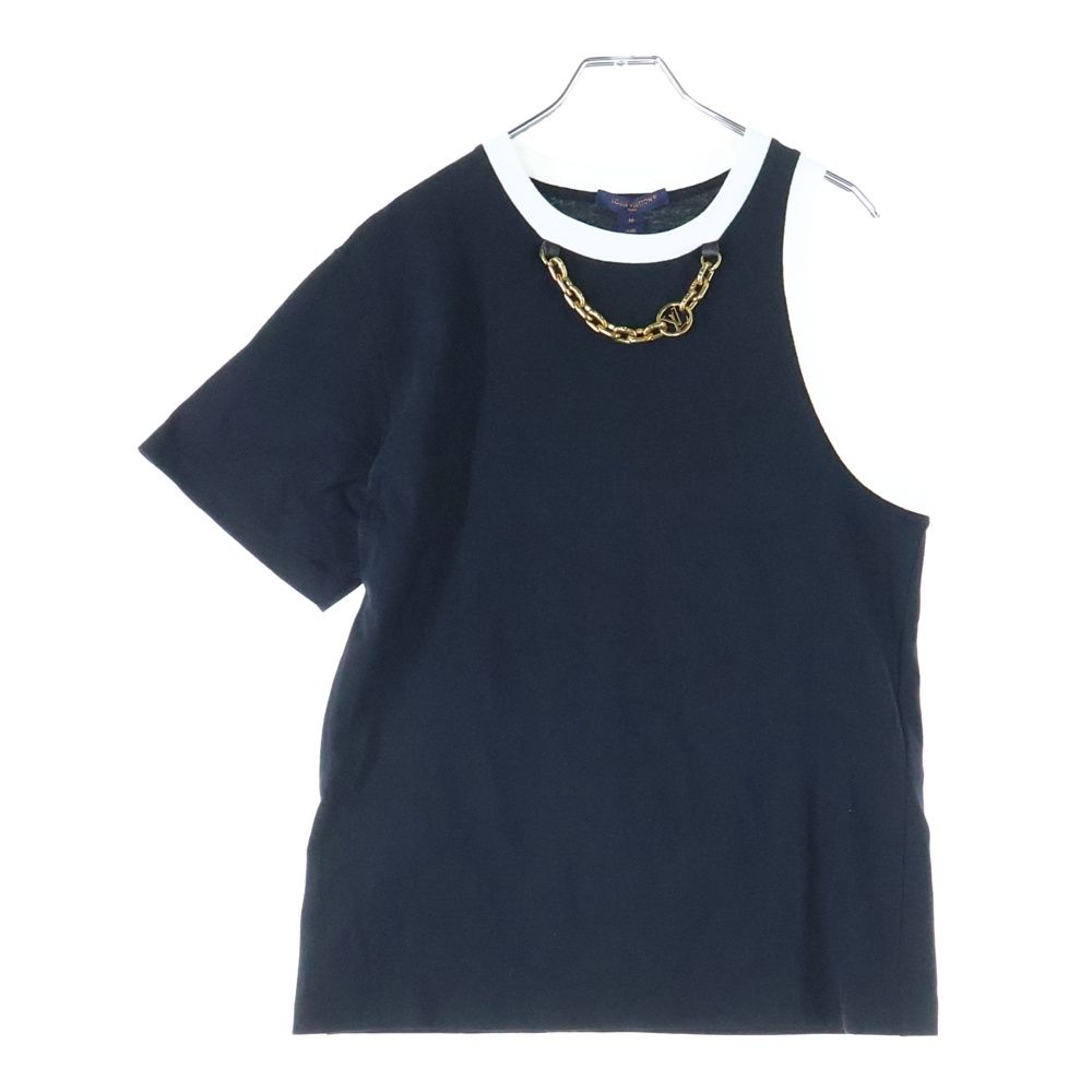 LOUIS VUITTON ルイヴィトン 23AW コントラスト トリム LVチェーン装飾 クルーネック 半袖 ノースリーブ Tシャツ カットソー ゴールド金具 ブラック ホワイト RW232W OB0 FPJT08