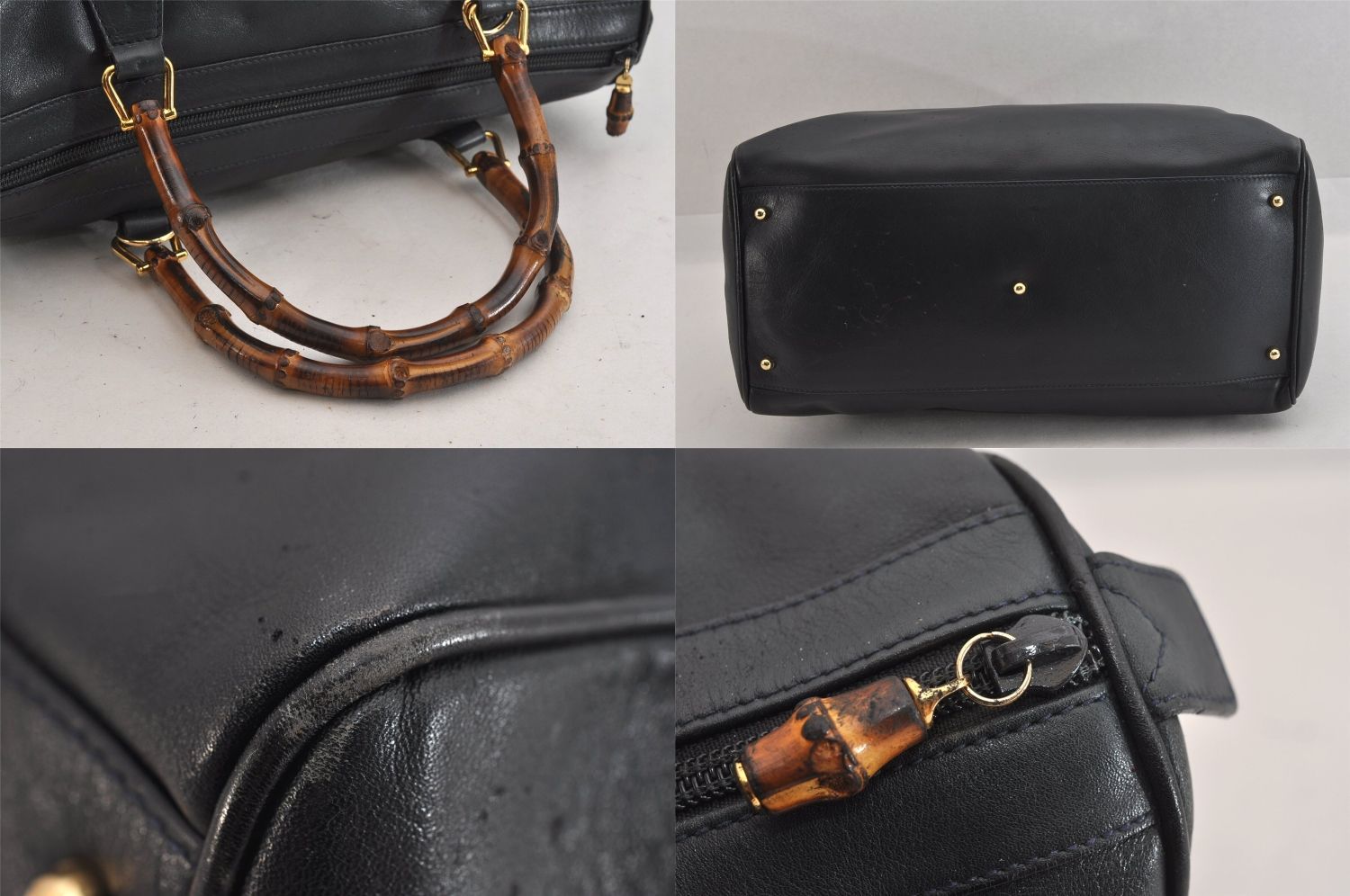 グッチ　ハンドバッグ　レザー　ネイビー　バンブー　2way　4287-3 GUCCI グッチ ヴィンテージ バンブー 2Way ショルダー
