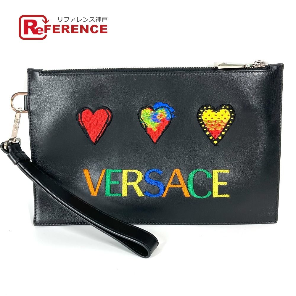 VERSACE ヴェルサーチ クラッチバッグ ハート ロゴ ワッペン レザー ブラック