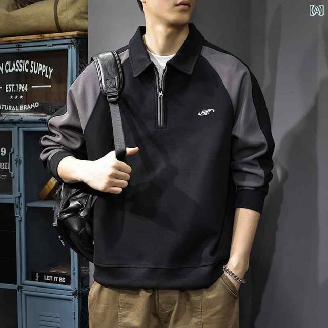 3 XL 秋冬 コーデ メンズ 服 シンプル ファッション オシャレ 大人 かっこいい 大きいサイズ ストリート 紳士服 厚手 ハーフ ジップ スウェット シャツ ブロック カジュアル ジャケット アメリカン レトロ 長袖 ポロ