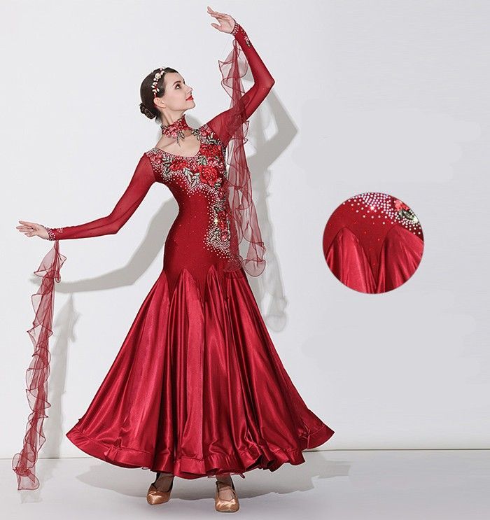 社交ダンスドレス フロート 上品 社交ダンス ドレス 社交ダンス衣装 ワンピース 長袖 広がる裾 花柄 レッスン着 発表会 競技着 練習着 演出用 スタンダード ワルツ ドレス ロング丈 オールシーズン ワインレッド