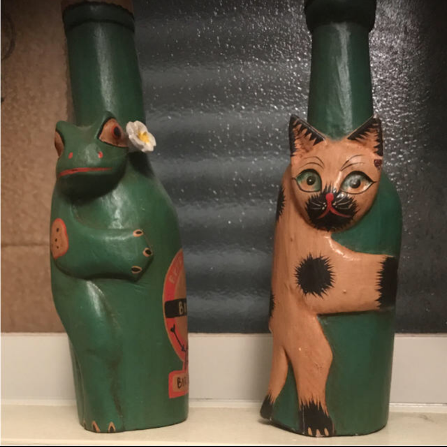 レオパードフラワーブラック アジアン雑貨 木彫り 猫とカエルのボトル