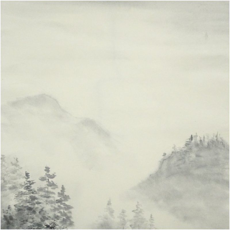【本表装】肉筆掛け軸水墨画　山水画「山峡帆影」美術品　絵画　和室　茶室　床の間 本表装】肉筆掛け軸水墨画 山水画「山峡帆影」美術品 絵画 和室