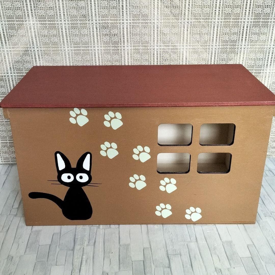 52《キャットハウス》ハンドメイド 猫 猫柄 足跡 ネコ 犬ケージ 小屋 木箱