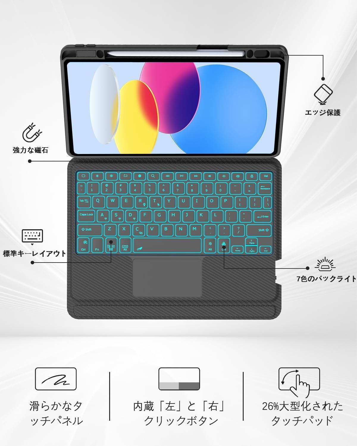 【新着商品】【2025年新登場】ipad 10世代 ケース キーボード タッチパッド付き 7色バックライト 横/縦置き iPad 第11世代 (A16) キーボード付きケース 軽量 マルチペアリング 磁気吸着 分離式 ペ