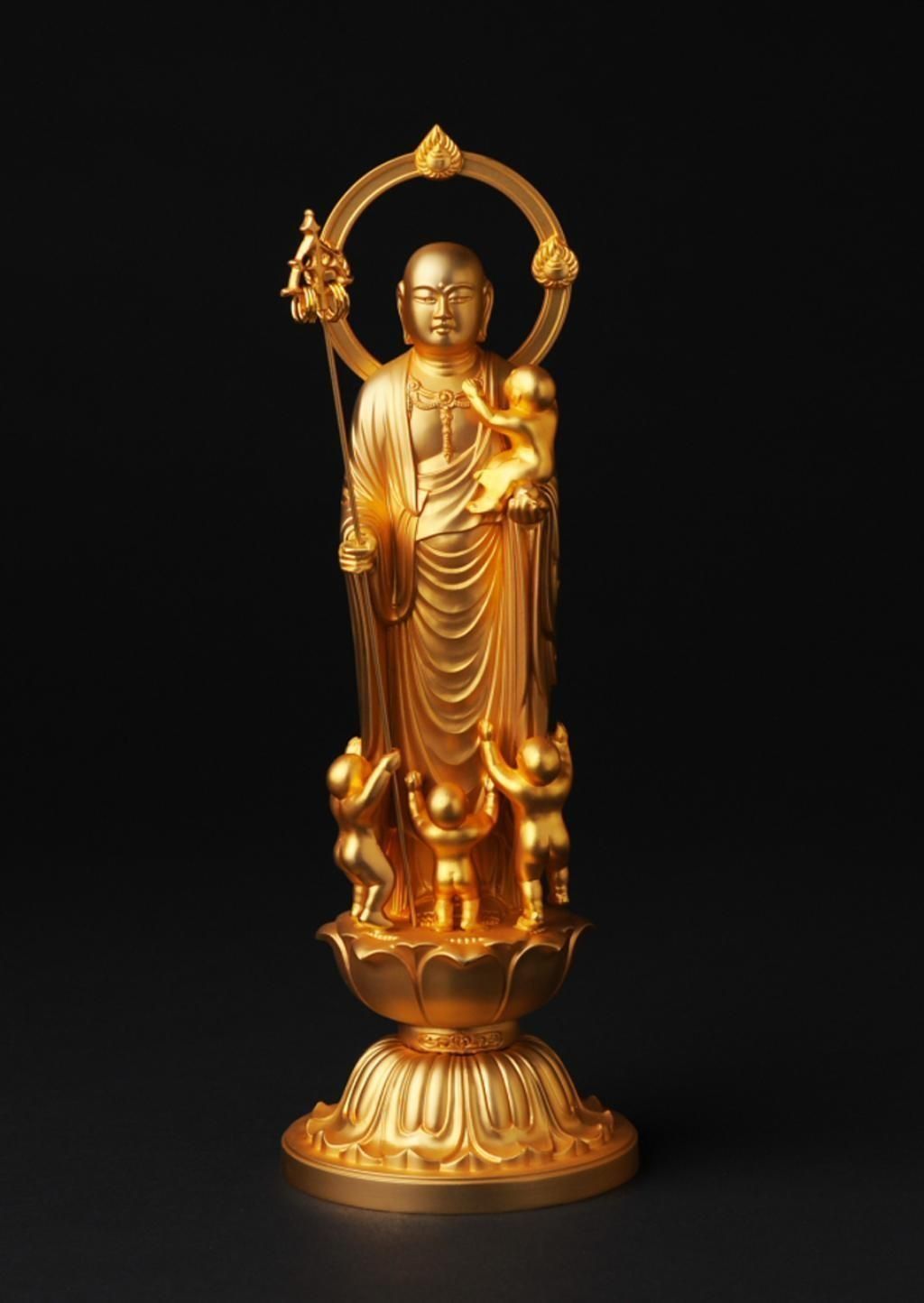 子安地蔵菩薩 - 総高26cm　純金メッキ仕上げ　高岡銅器　仏像