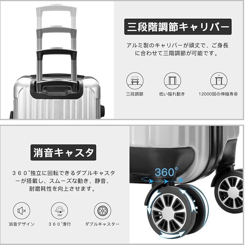VARNIC スーツケース キャリーバッグ キャリーケース 超軽量 大型 静音 ダブルキャスター 耐衝撃 360度回転 TSAローク搭載 ファスナー式 旅行 ビジネス 出張 シルバー Lサイズ 98L 7泊～長期旅行 0 DECORATOM_COM_BR