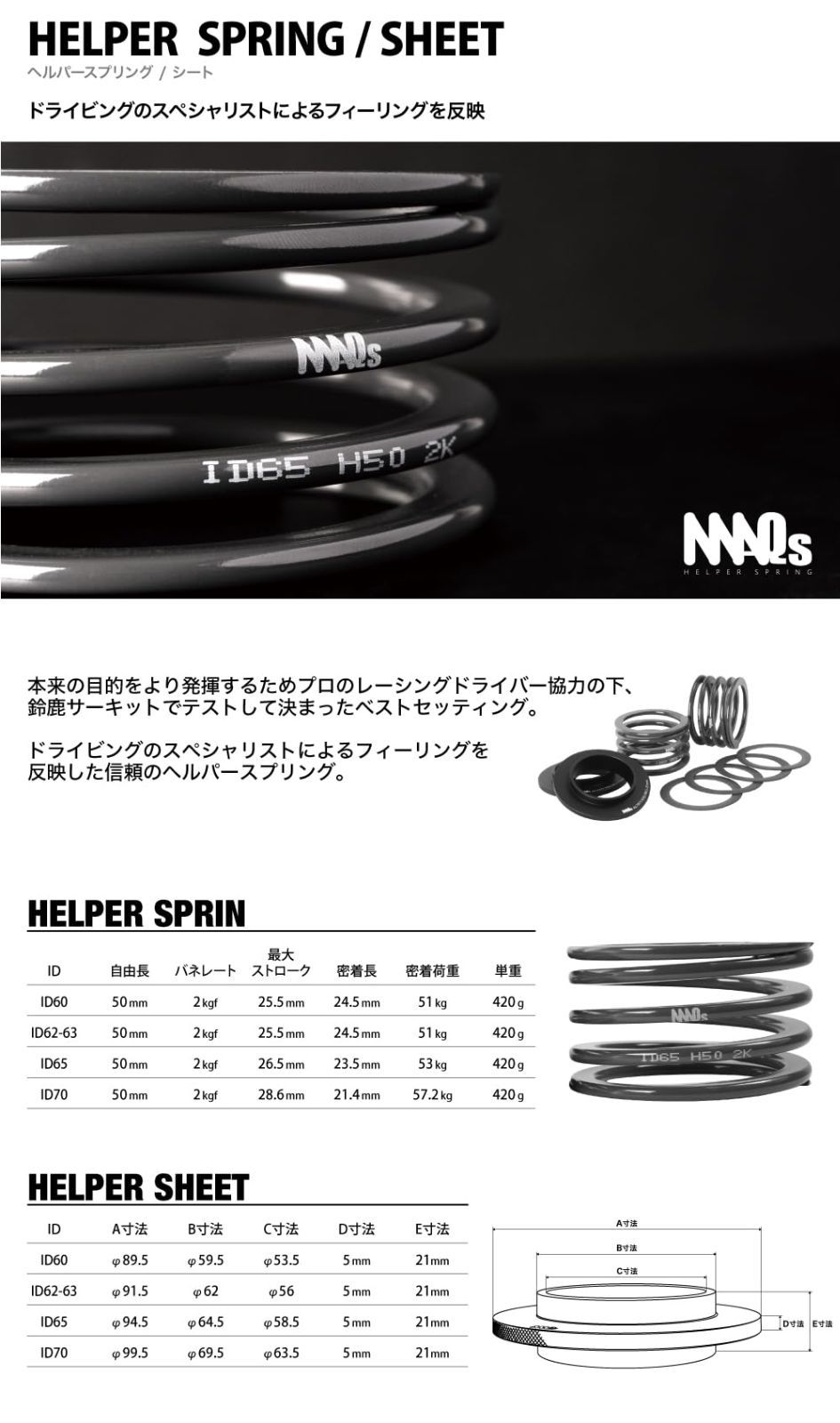 ID62 ID63 ID65 H50mm 2K 2本 シート2枚 MAQS ヘルパー スプリング バネ 車高調 ID60
