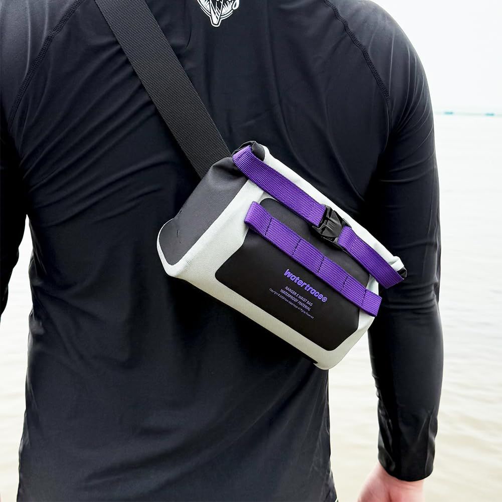 Watertrace 防水ウエストバッグ 1.5L容量 ロールトップ式 ブラック ピンク ライトグレー パープル アウトドア用