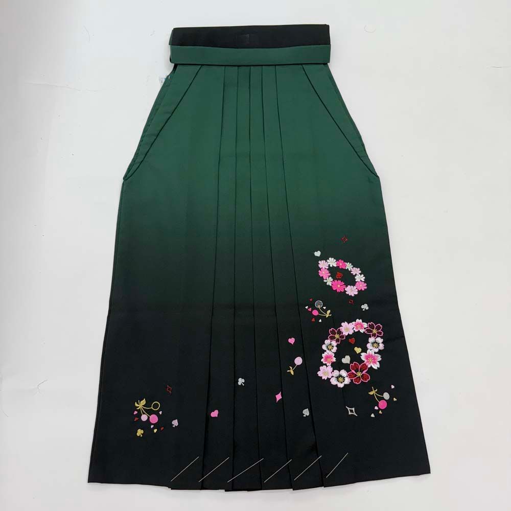 袴 S size 紐下丈87.5cm 行灯袴 卒業袴 女性用袴 ぼかし 刺繍 緑 4704