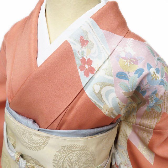 訪問着 着物 中古 正絹 袷 三越扱い 金駒刺繍 花の図 流水に鴛鴦