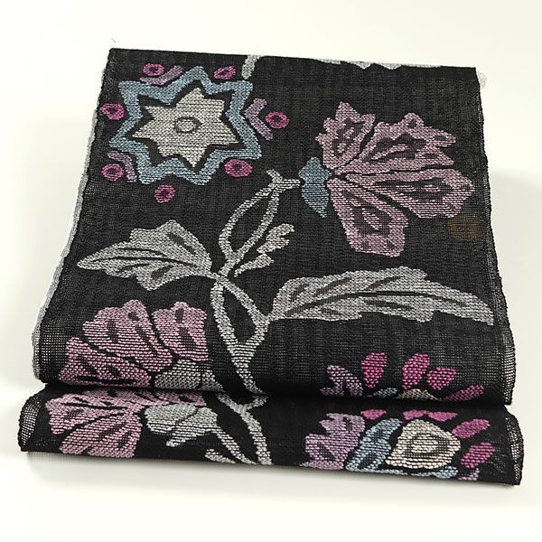 ona3943 夏帯 西陣 帯屋捨松 お洒落 八寸 名古屋帯 黒色 カレリアの花 