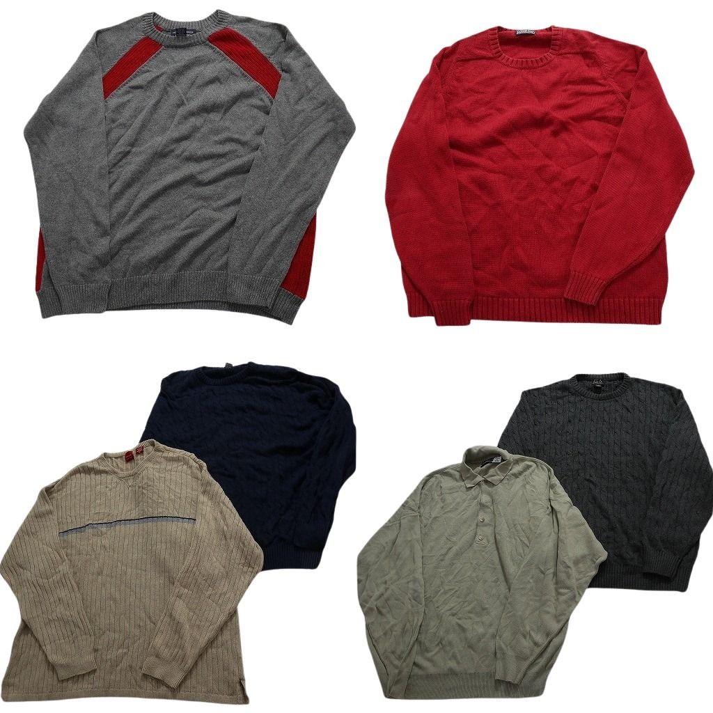 古着卸 まとめ売り 100％コットン 無地ニット 6枚セット (メンズ XL /2XL ) ケーブル編み ニットポロ ライン系 丸首 カラー系 MW9597