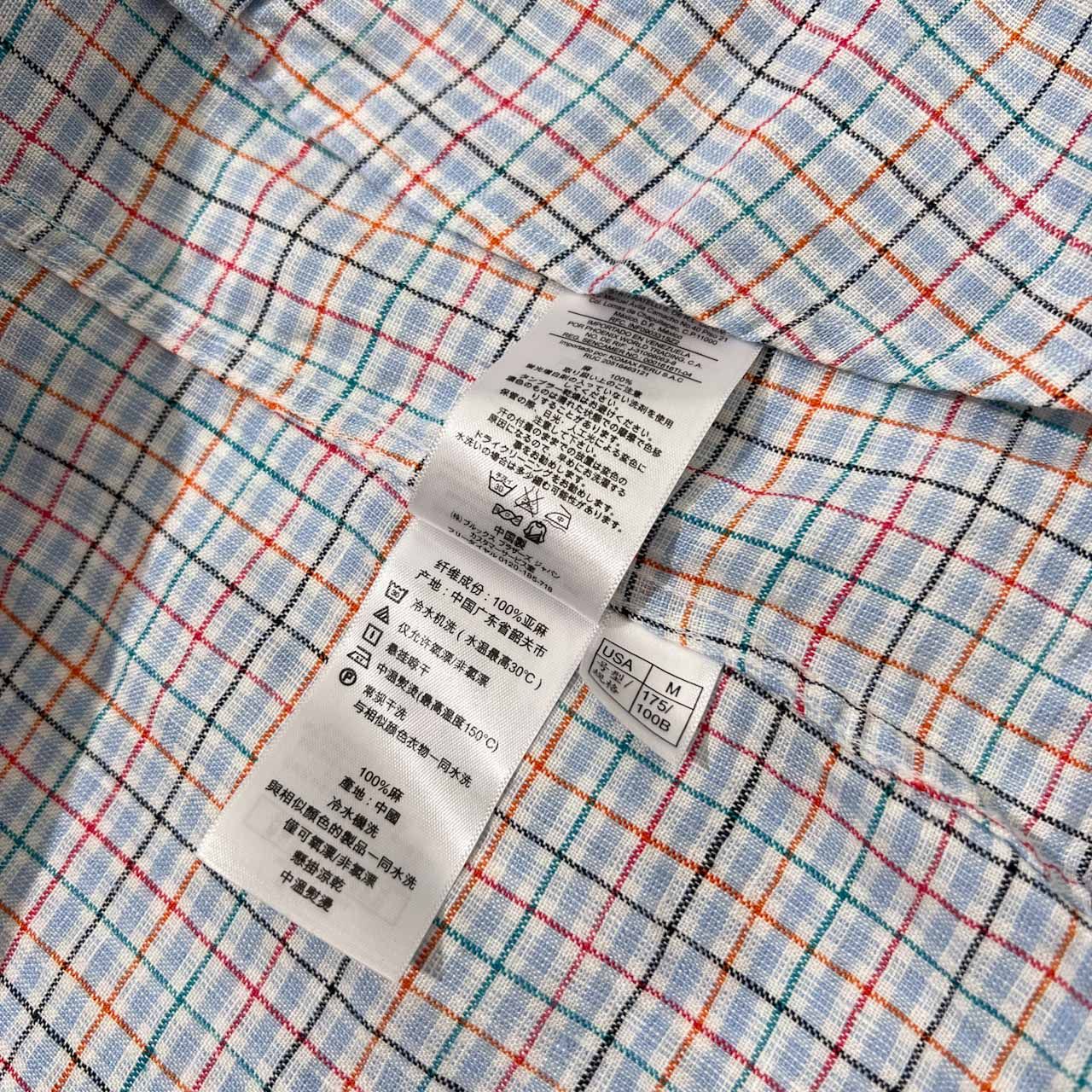 Brooks Brothers 半袖シャツ　リネン　水色　M s□ブルックスブラザーズ/BROOKS BROTHERS チェック柄 半袖