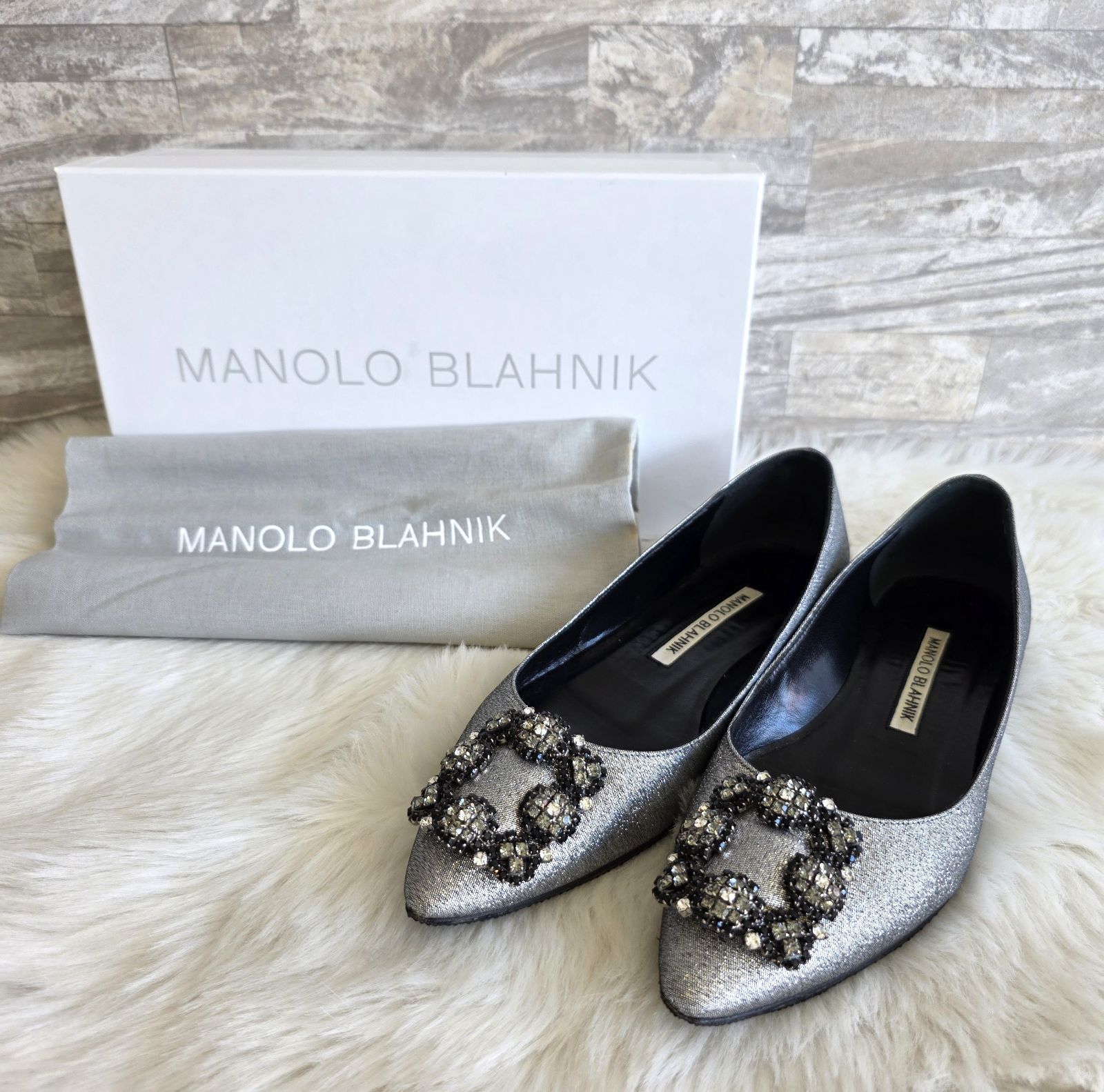 MANOLO BLAHNIK シルバービジュー フラットシューズ ☆Manolo Blahnik(マノロブラニク) HANGISI ハンギシ フラット