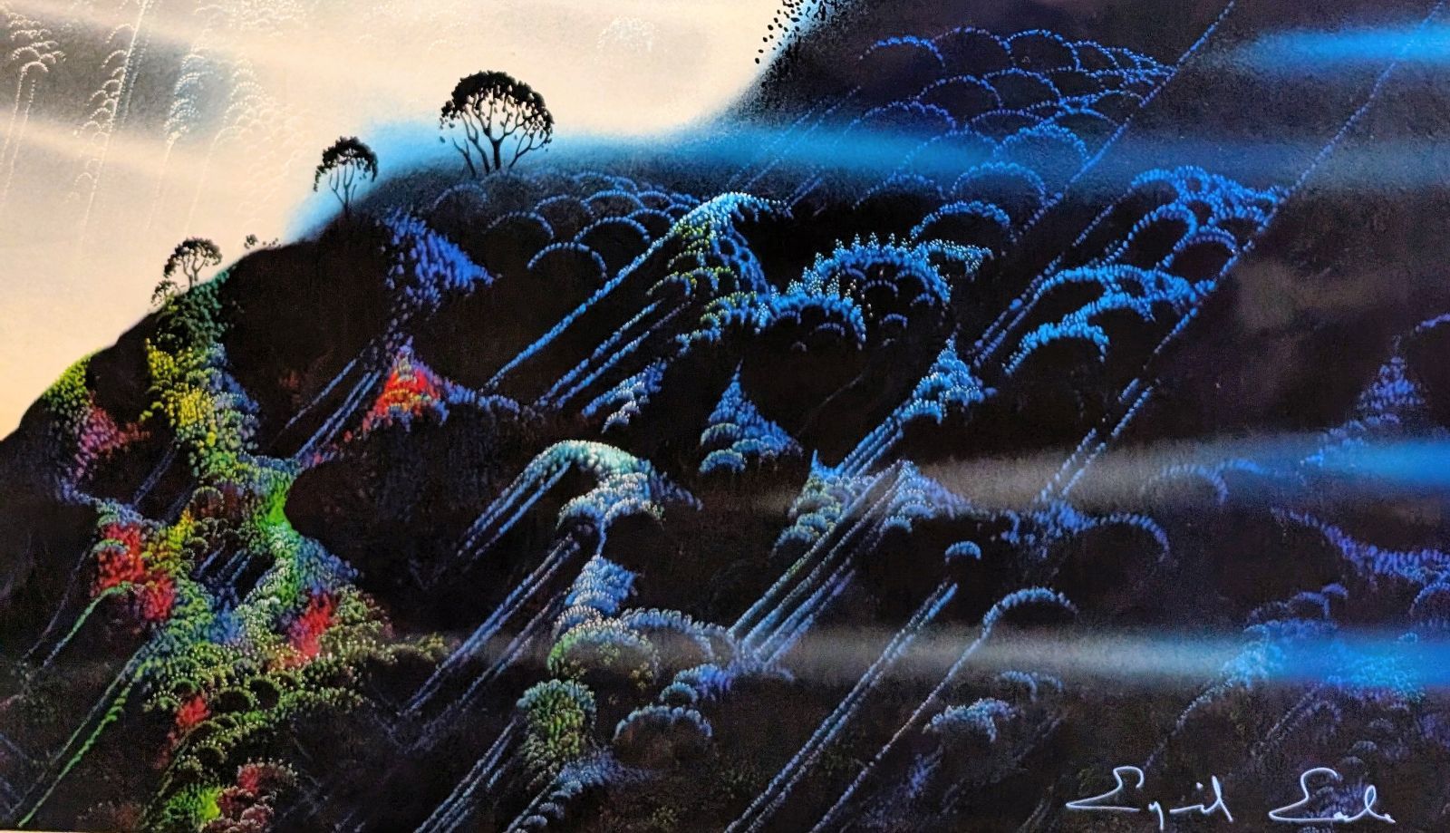 アイベン アール作シルクスクリーン版画 直筆サイン な中版ブルー作品 赤い森 額付 アイベン ロール エディション