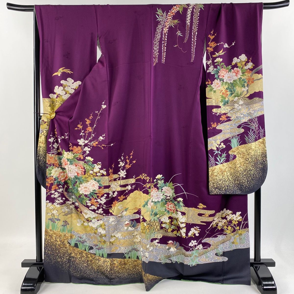 振袖/鼓草花金彩染め分け紫中古美品振袖set/身丈167.5裄丈66.5紫成人式 振袖 身丈171cm 裄丈69.5cm L 袷 草花 孔雀 金糸 金彩 赤紫 正絹