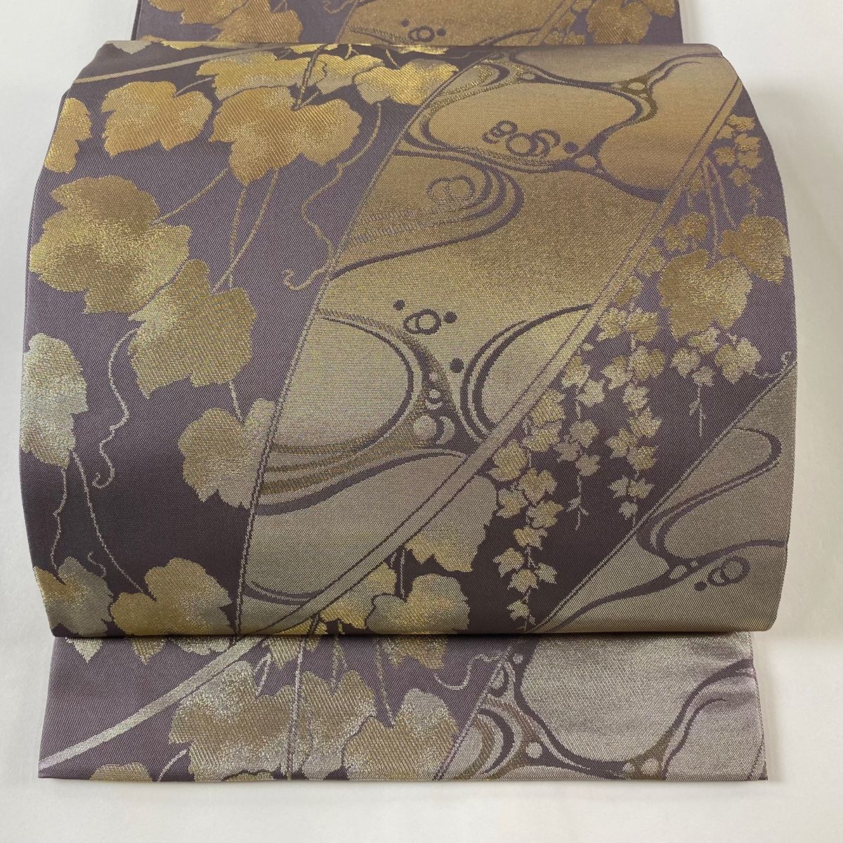 袋帯 北出与三郎 落款 流水蔦の細道 本袋 葉柄 金糸 箔 灰紫 六通 正絹