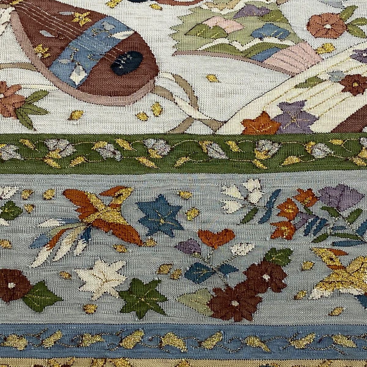 袋帯 和楽器 花鳥 金銀糸 薄小豆 お太鼓柄 正絹