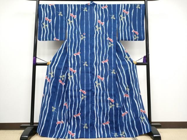 平和屋着物 上 夏物 世界的ファッションデザイナー 山本寛斎 kansaiブランド 小紋 単衣 金魚 紺青色 洗える着物 CYAA3116s5