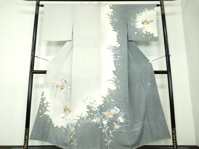 平和屋着物●訪問着　流水鴛鴦花文　草花シルエット　暈し染め　金銀彩　正絹　逸品　DAAU5199ps 平和屋着物○訪問着 流水鴛鴦花文 草花シルエット 暈し染め 金銀彩