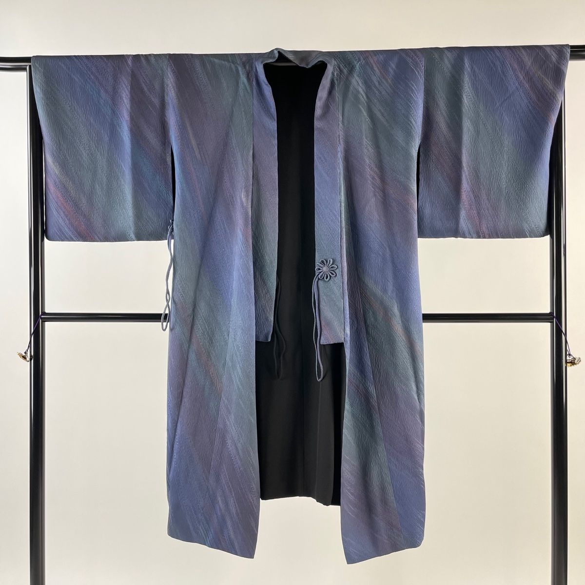 道中着 身丈110cm 裄丈69cm L 和装コート 着物衿 丸文 縞 刺繍 薄黄  