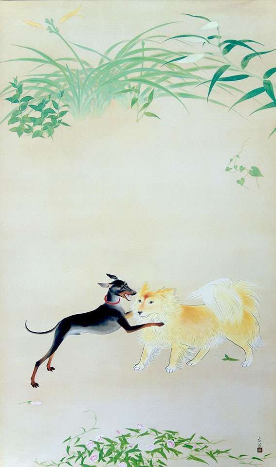 小林古径「犬・庭の一隅」岩絵具方式 複製工芸画 日本画 歌舞伎座の名画 真作 - メルカリ