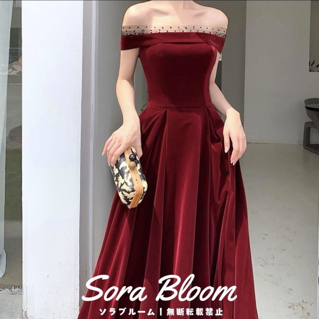 ドットのレースがオシャレ オフショル ロングイブニングドレス
