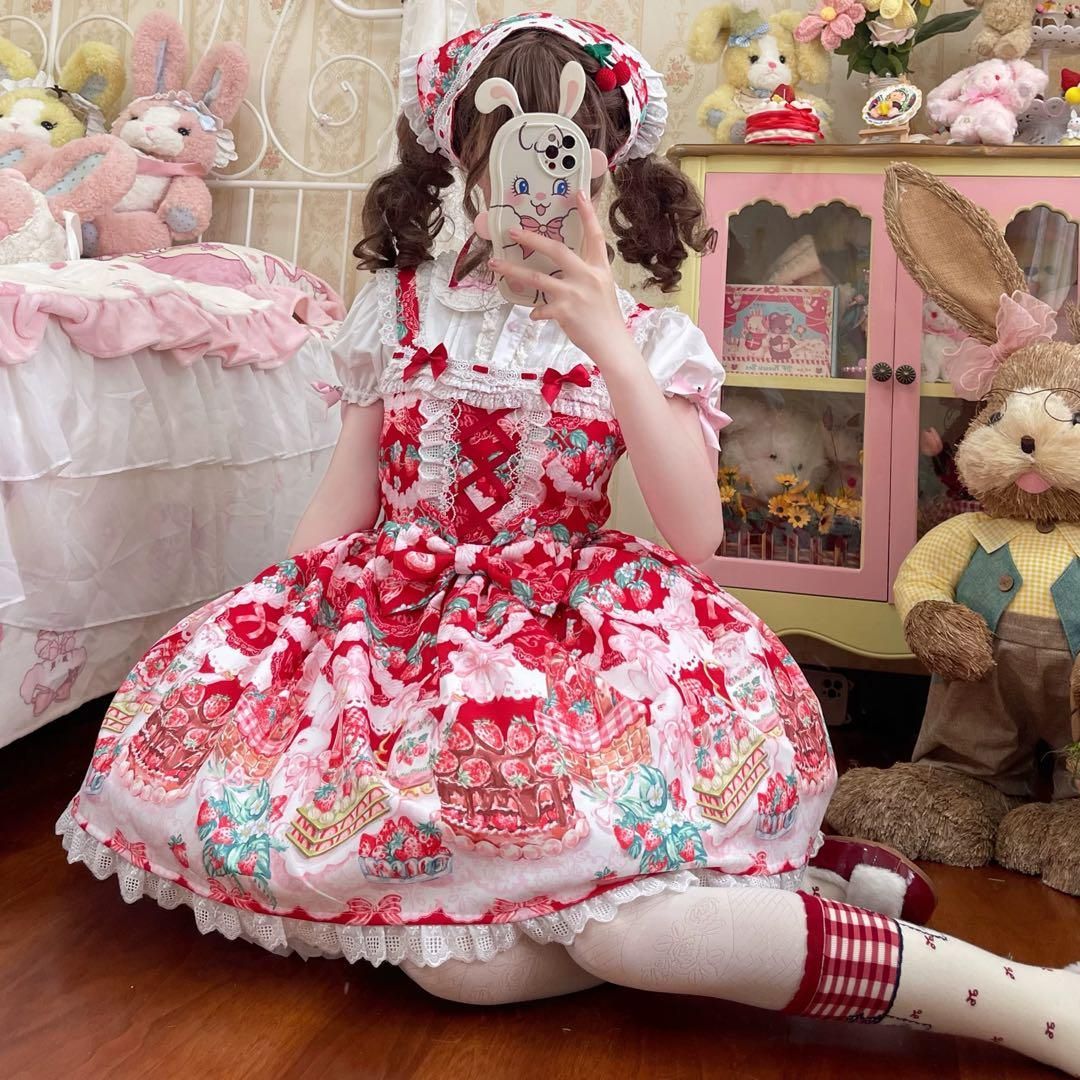 【信頼店舗】 ロリータファッション イチゴケーキ柄ジャンパースカート お出かけや女子会に ご購入へようこそ！！