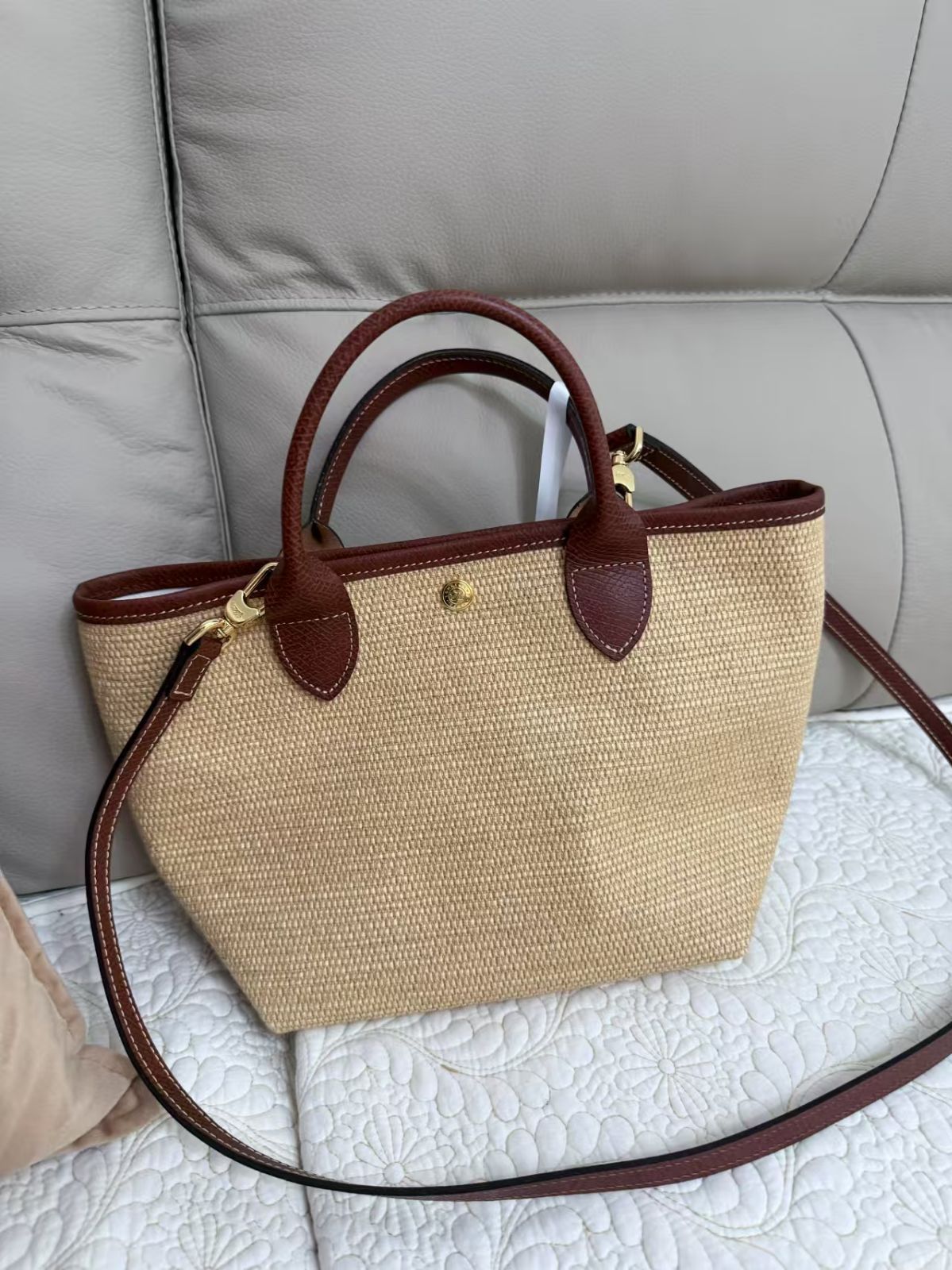 LONGCHAMP わら編み トートバッグ ショルダーバッグ ブラウン BW LONGCHAMP わら編み トートバッグ ショルダーバッグ ブラウンの