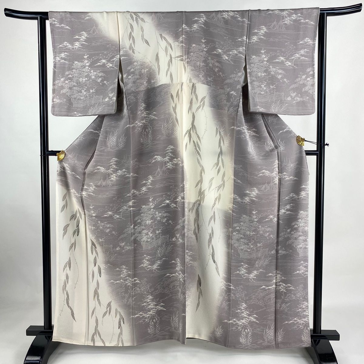 訪問着 身丈160cm 裄丈64.5cm M 袷 葉柄 風景 ぼかし 縮緬 薄紫 正絹  