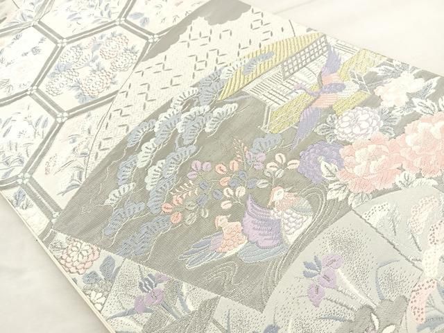平和屋着物◎六通柄袋帯 唐織 扇面花鳥文 プラチナ箔 正絹 逸品
