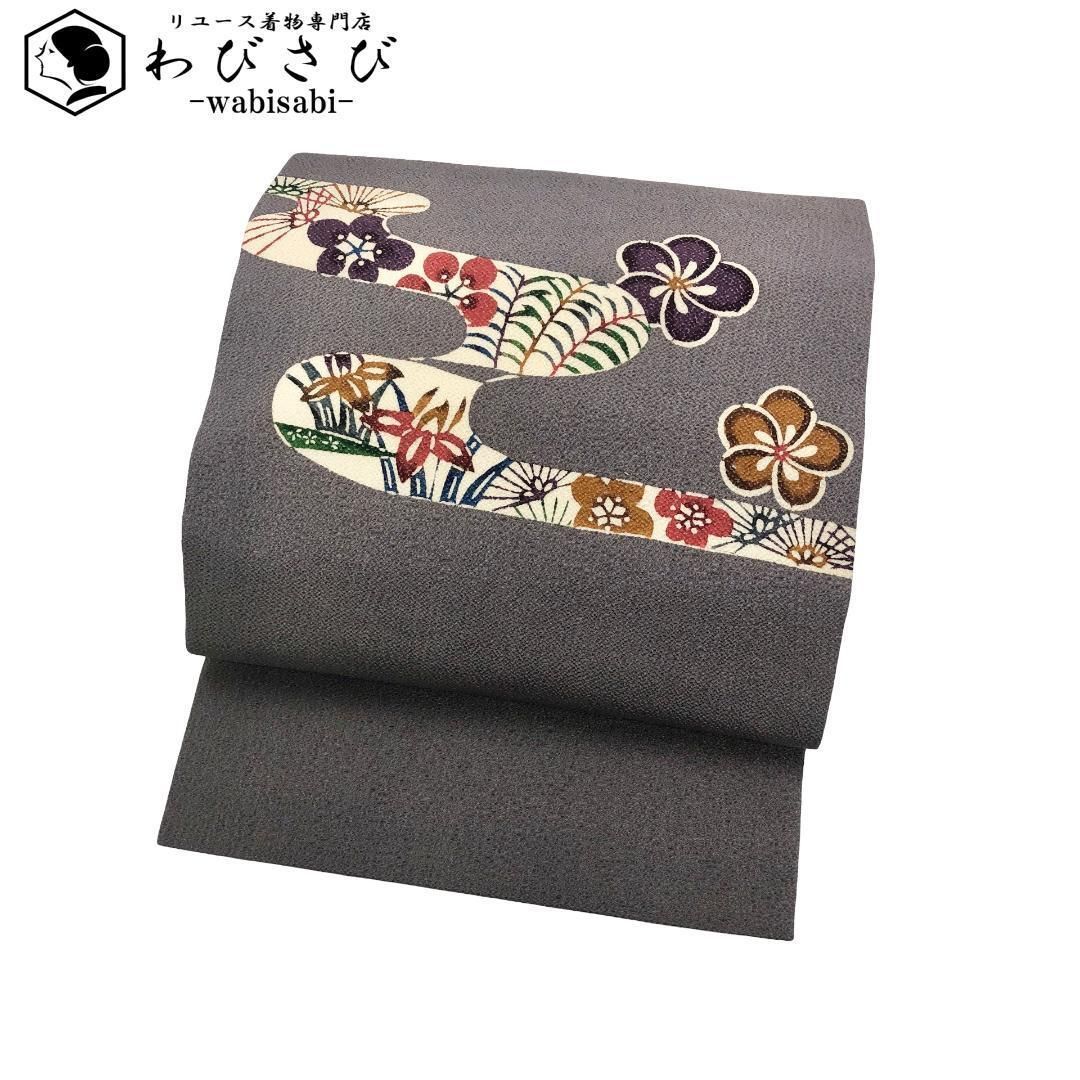 名古屋帯 型染 ねじり梅 花模様 鳩羽鼠色 縮緬 O-5507