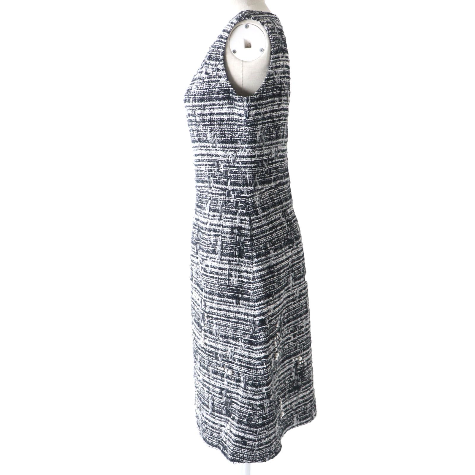 Rene ルネ MALHIA KENT マリアケント フェイクパール付き ツイード ノースリーブ ワンピース ブラック ホワイト 34 レディース