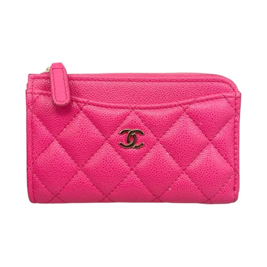 E4611 シャネル カードケース コインケース クラシック ジップ AP3179 マトラッセ キャビアスキン ココマーク ピンク ゴールド金具 CHANEL