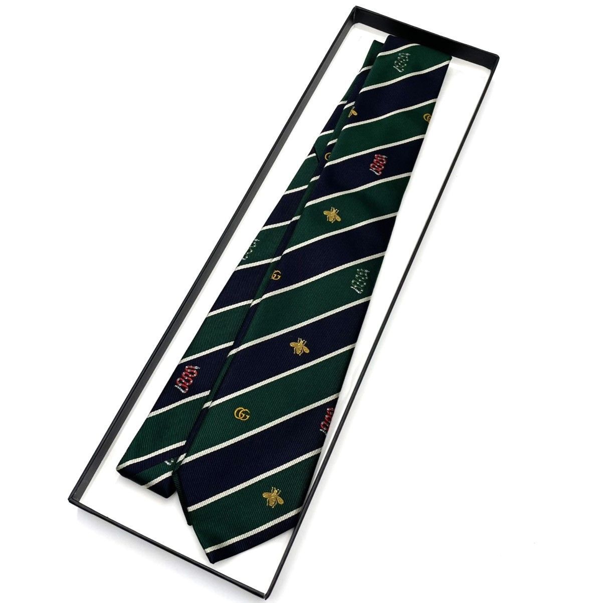 K699 GUCCI グッチ |ネクタイ|ビー-スネーク柄|ストライプ|グリーン×ネイビー系