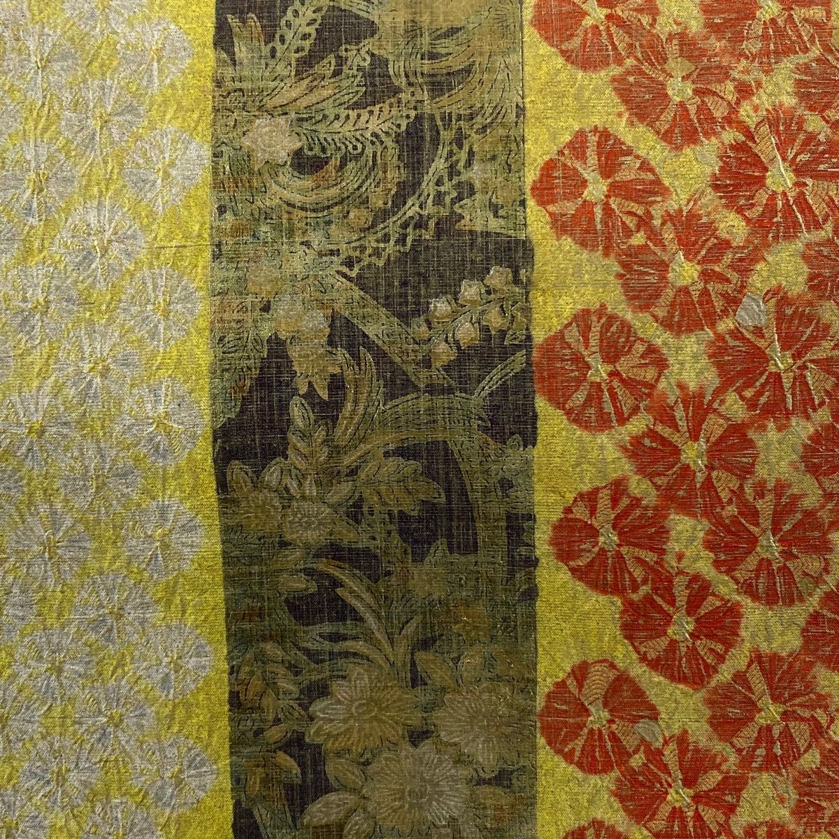 袋帯 落款 証紙 牛首紬地 草花 幾何学 金銀彩 灰緑 全通 正絹