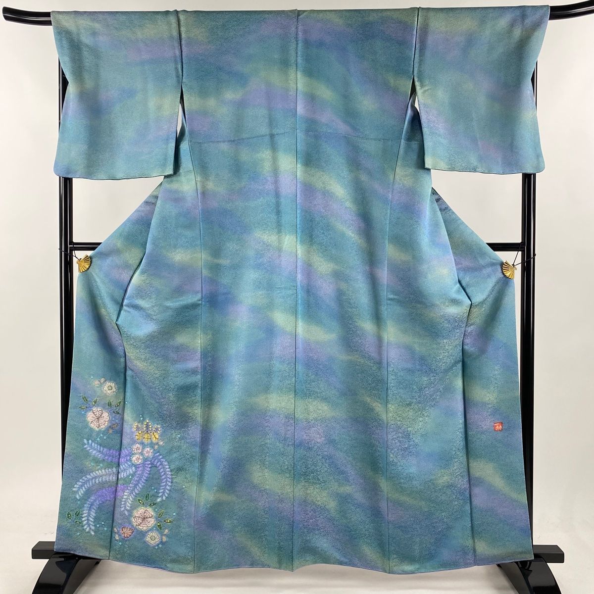 付下げ 身丈162cm 裄丈68.5cm L 袷 二代目 久保田一竹 落款 辻が花 地紋 金通し 青緑 正絹