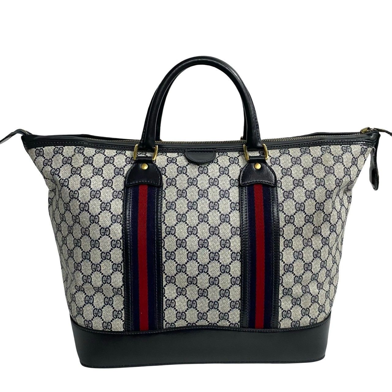 極 美品 GUCCI グッチ オールドグッチ ヴィンテージ シェリーライン GG ロゴ レザー ハンドバッグ ミニ ボストンバッグ ネイビー  91877 - メルカリ