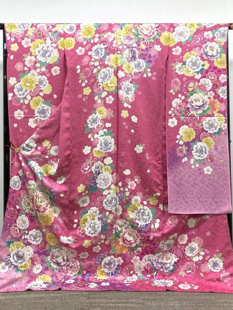 振袖 仮絵羽 吉澤の友禅 金通し 金駒 牡丹 未仕立て品 八掛付き MOK512 振袖 仮絵羽 吉澤の友禅 金通し 金駒 金彩 牡丹 正絹 未仕立て品 八掛