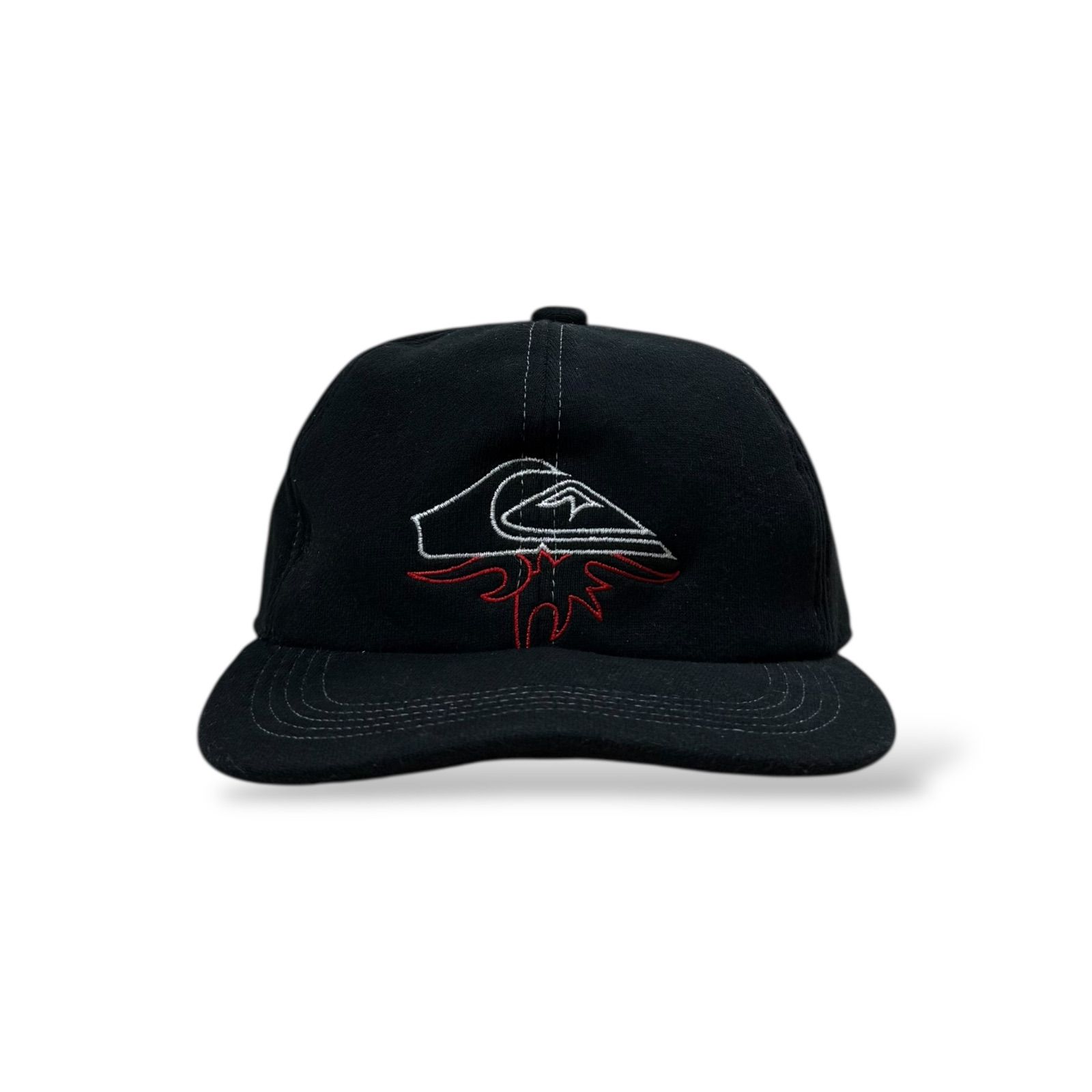 90s QUIKSILVER クイックシルバー スナップバックキャップ 帽子 刺繍ロゴ ブラック 黒 オールドサーフ 日本製