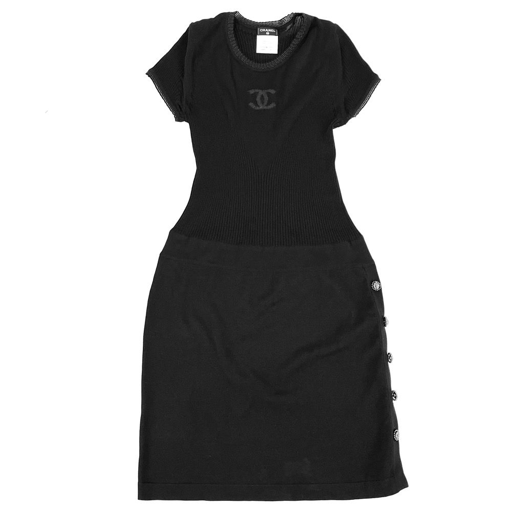 【限定価格】 シャネル ワンピース レディース 半袖 ココマーク ココ シンプル 服 アパレル 夏 春 CHANEL 36 P37829K02547  ブラック 黒 ブラック金具 コットン シルク ナイロン 定番 美品【中古品】