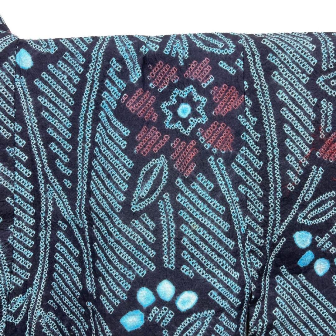 浴衣 有松鳴海絞り 藍染 花模様 蔦 ターコイズブルー 着物 035a d