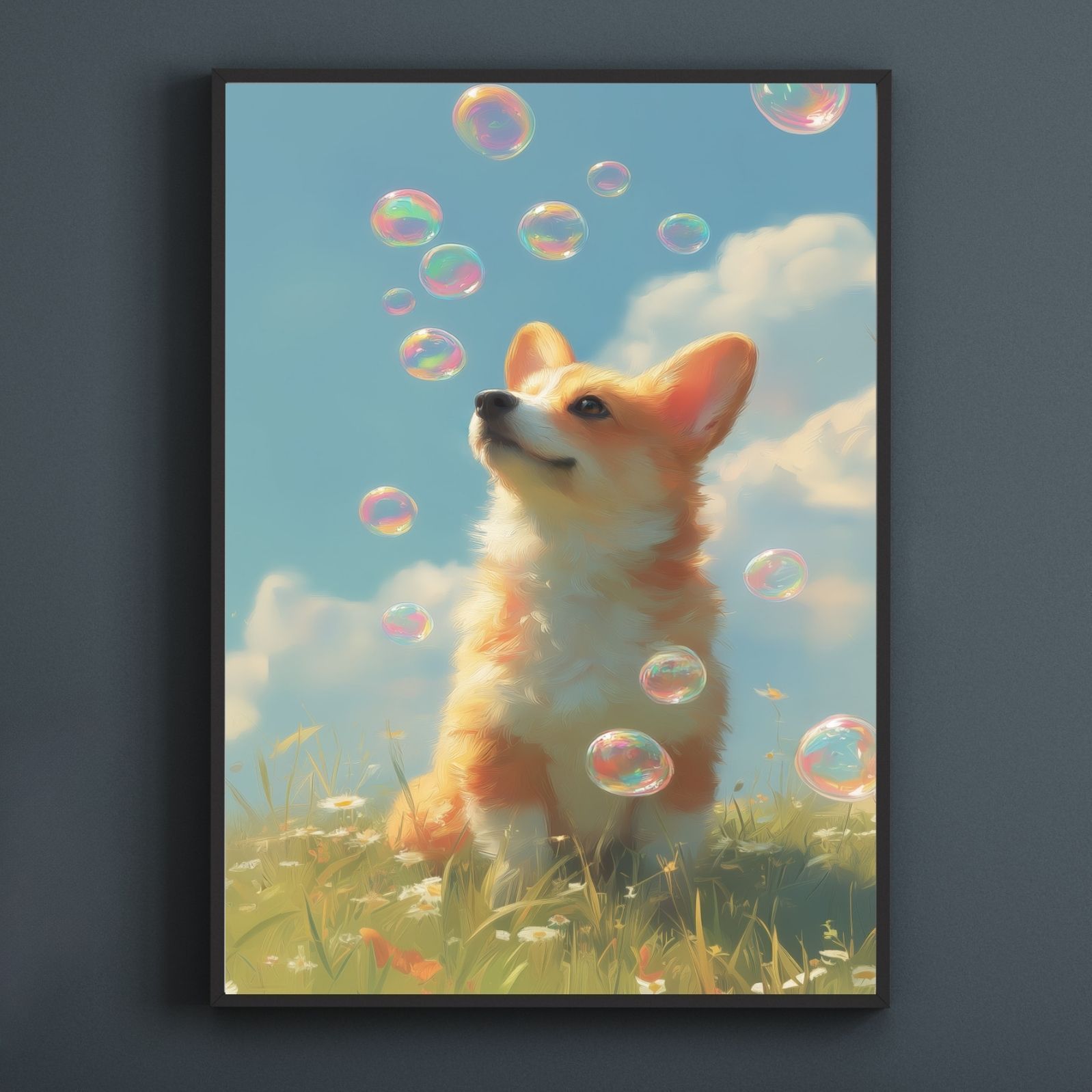 名入れOK 犬とシャボン玉 - ウェルシュコーギー犬 No.1 アートポスター うちの子記念日 ペットロス 北欧 ナチュラル