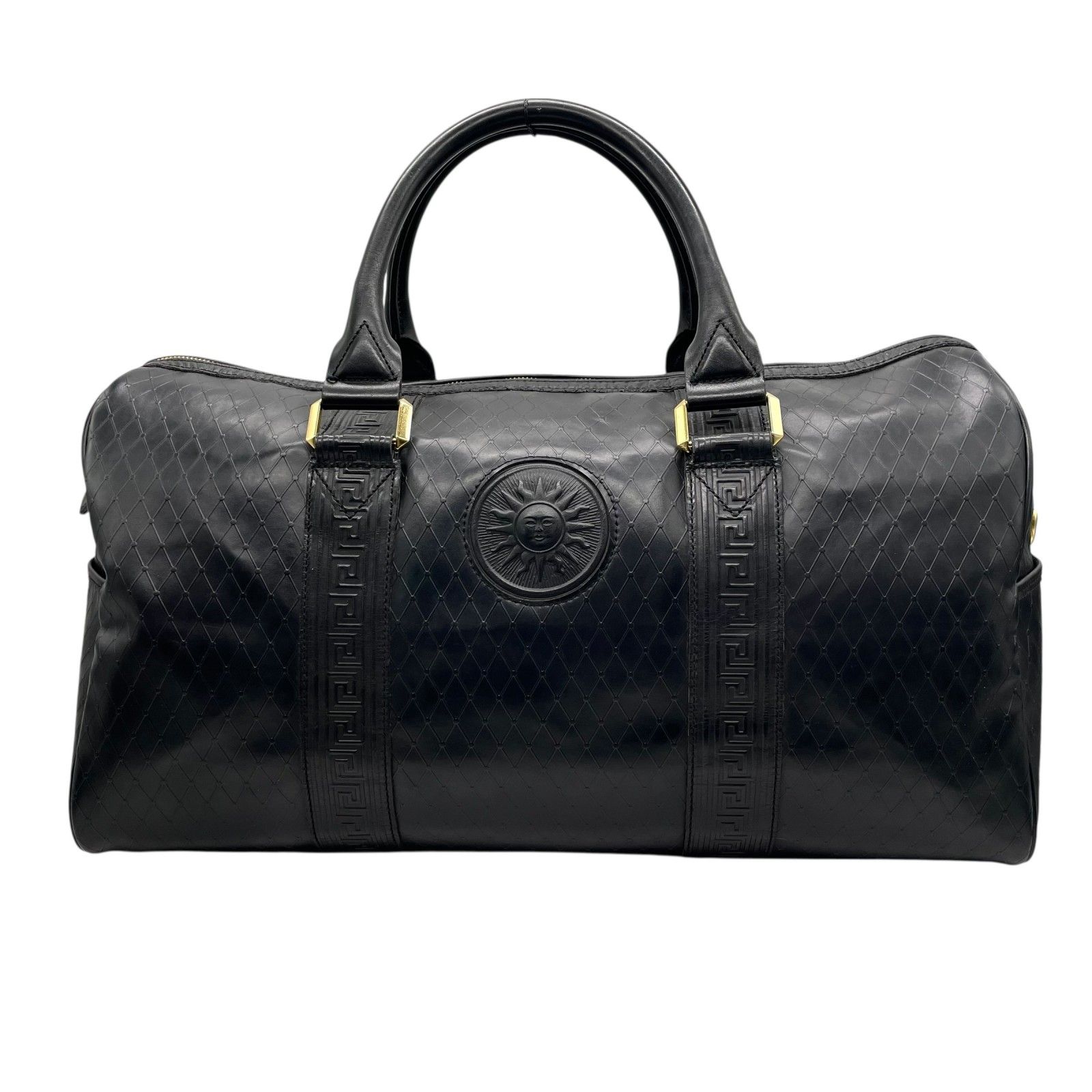 GIANNI VERSACE ジャンニヴェルサーチ ボストンバッグ 2way ショルダーバッグ ブラック レザー サンバースト グレカ ユニセックス トラベルバッグ 旅行鞄 ゴールド金具 感 C