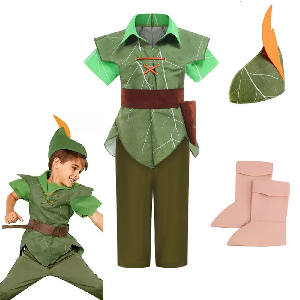 Color:グリーン・4点セット_Size:L(10-12Y) ピーターパン コスプレ 衣装 4点セット 子供 コスプレ ピーターパンみたいなコスチューム 衣装 帽子付 ピーターパン服 ハロウィン 仮装 キッズコスチューム 仮装 男の子向き 学園祭り 男女兼用