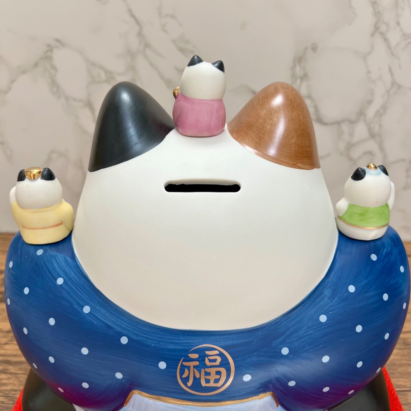 薬師窯 彩絵 七福神福助招き猫 7号 貯金箱 縁起物 置物 開運招福