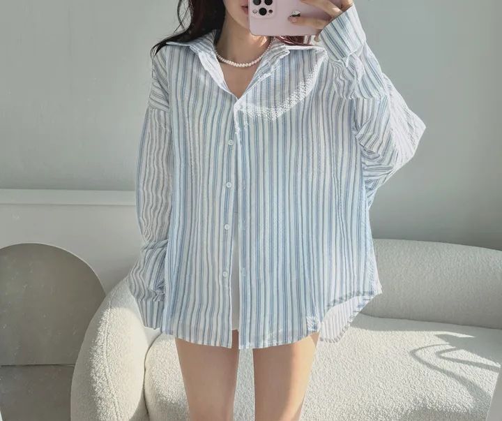 MHL. 水色 ストライプ 長袖シャツ 新品未使用♡ シャツ 長袖 ストライプ柄 ピンク 清新 ゆったり 羽織り風